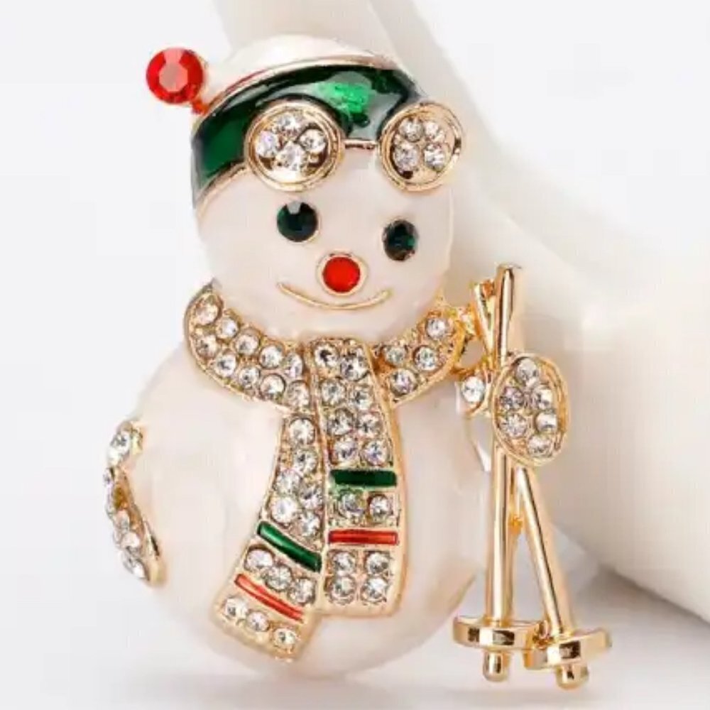 Skiing Snowman Metal Brooch